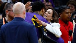 U.S. Vice President Kamala Harris hugs Brittney Griner #42 of the Phoenix Mercury before a game against the Los Angeles Sparks at Crypto.com Arena on May 19, 2023 in Los Angeles, California. 