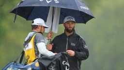 ROCHESTER, NEW YORK - MAY 20: Jon Rahm of Spain speaks with caddie Adam Hayes on the eighth green during the third round of the 2023 PGA Championship at Oak Hill Country Club on May 20, 2023 in Rochester, New York. (Photo by Andrew Redington/Getty Images)