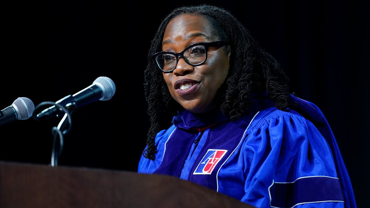 Supreme Court Associate Justice Ketanji Brown Jackson speaks at the commencement ceremony for American University's Washington College of Law.