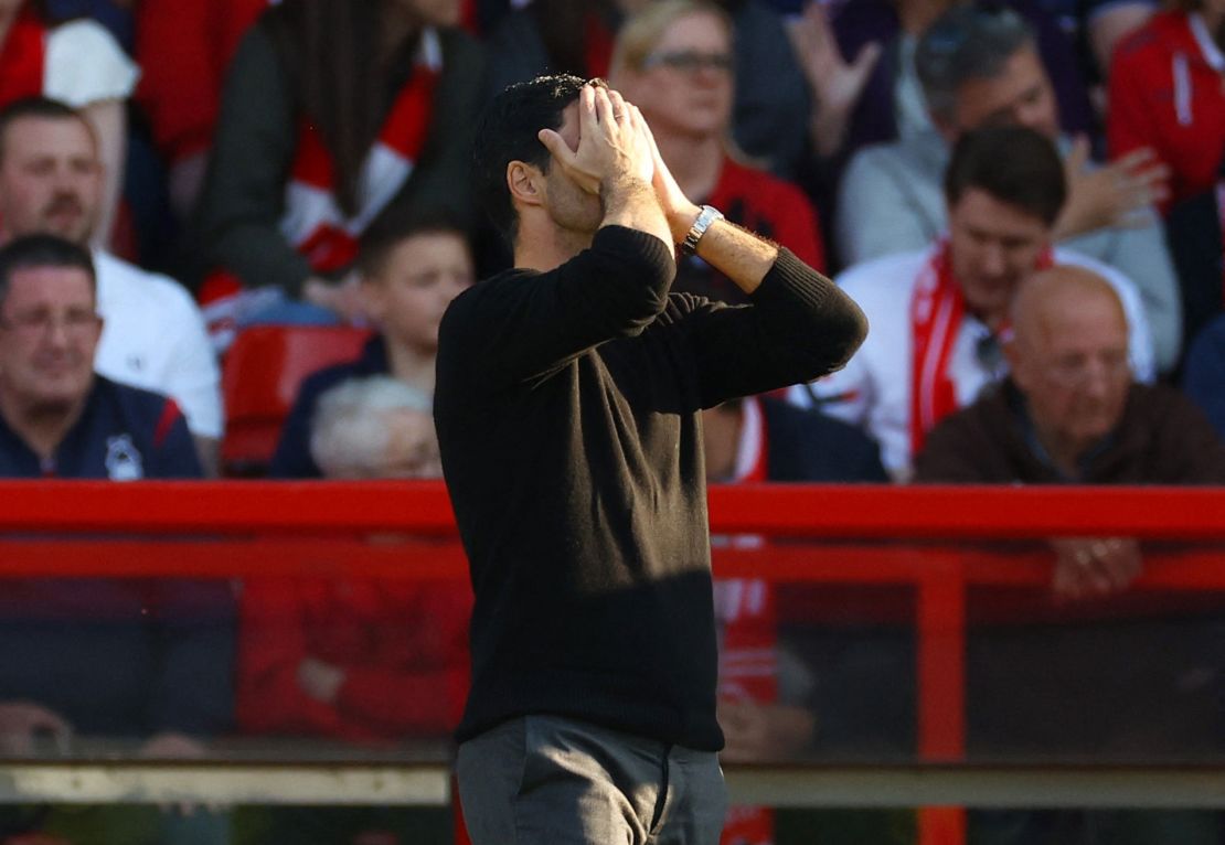 Arsenal manager Mikel Arteta reacts during his team's defeat against Nottingham Forest. 