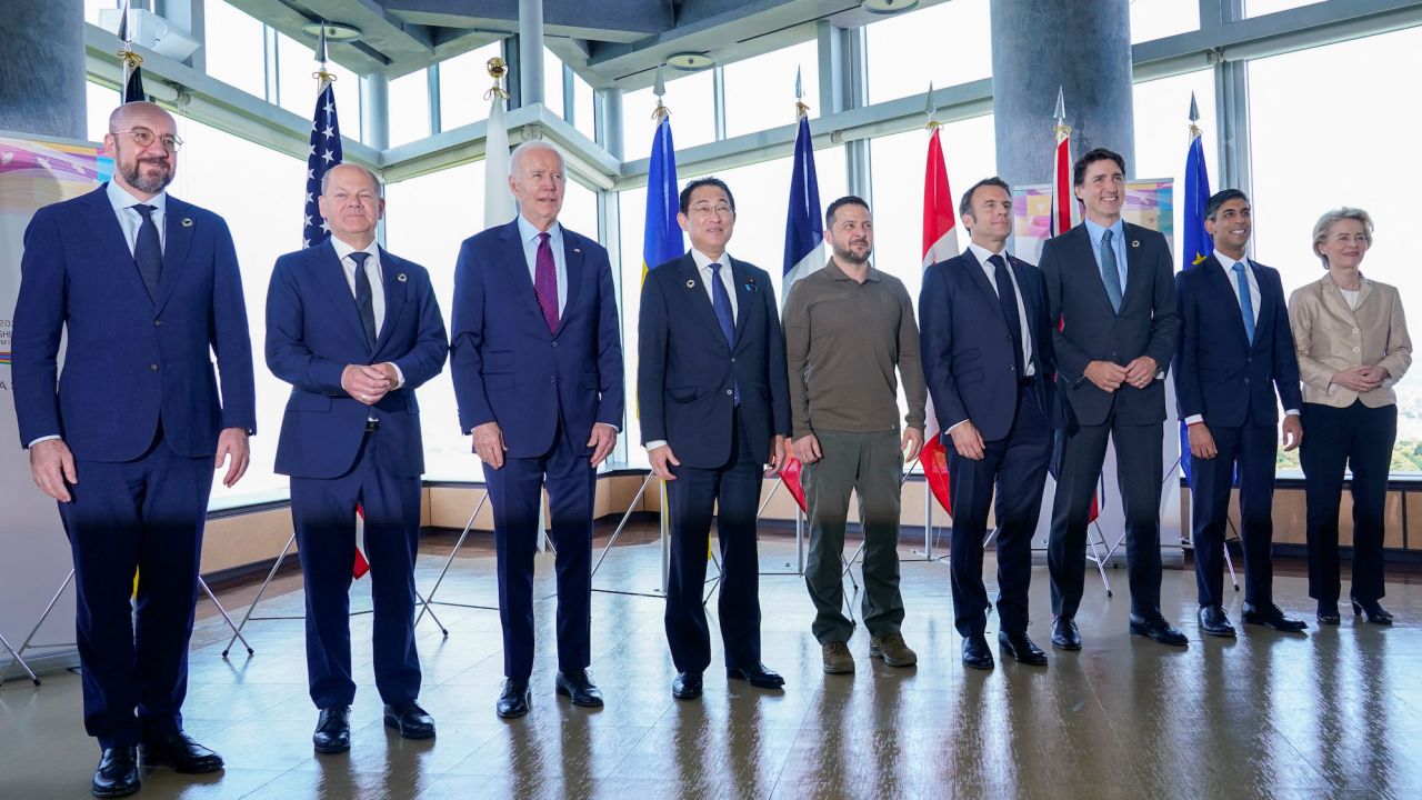G7 leaders and Ukrainian President Volodymyr Zelensky pose for a photo before a working session on Ukraine during the G7 Summit in Hiroshima, Japan, on May 21.