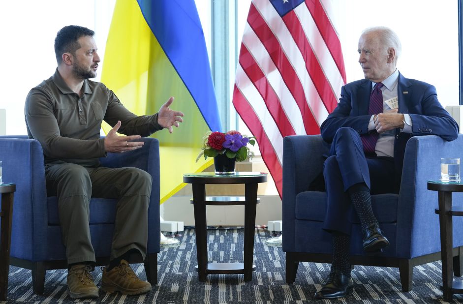 President Joe Biden meets with Ukrainian President Volodymyr Zelensky on the sidelines of the G7 Summit in Hiroshima, Japan, on Sunday, May 21. Zelensky thanked Biden Sunday for the "powerful" financial assistance provided by the US, which totals $37 billion, according to a readout from the Ukrainian president's office.