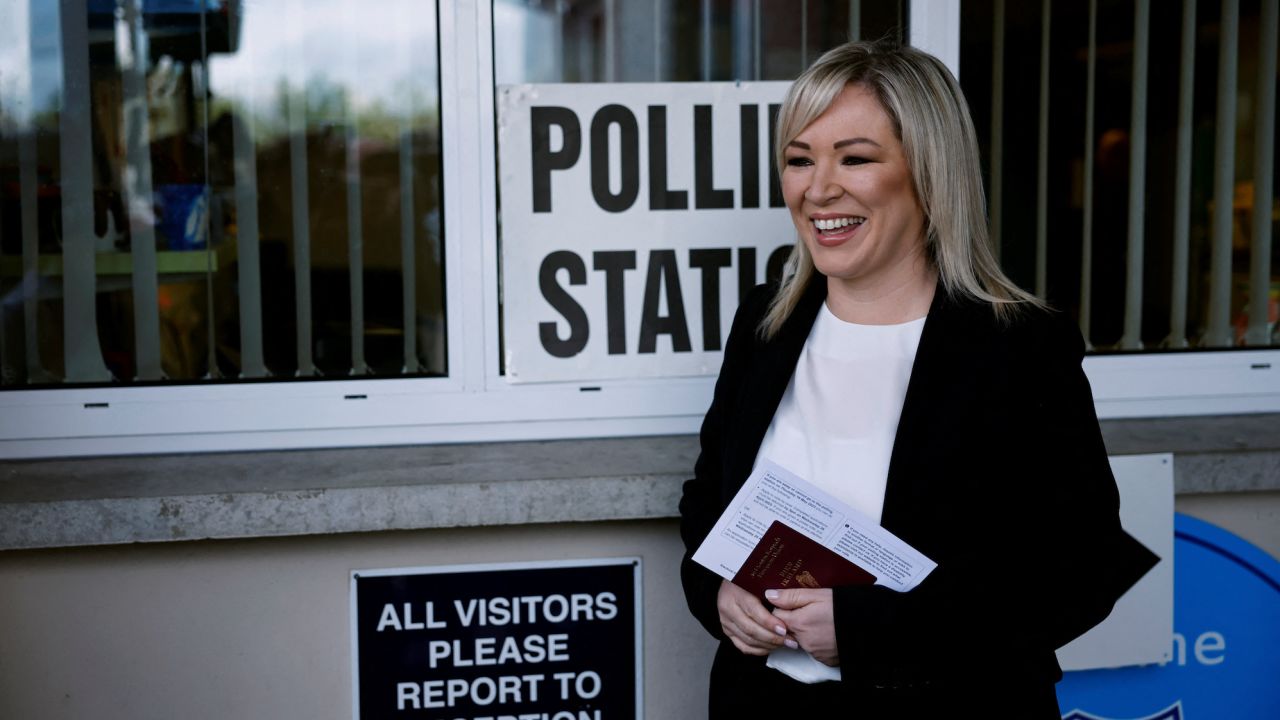 Vice President of Sinn Fein Michelle O'Neill cast her vote at a polling station during local elections in Coalisland, Northern Ireland, May 18, 2023.