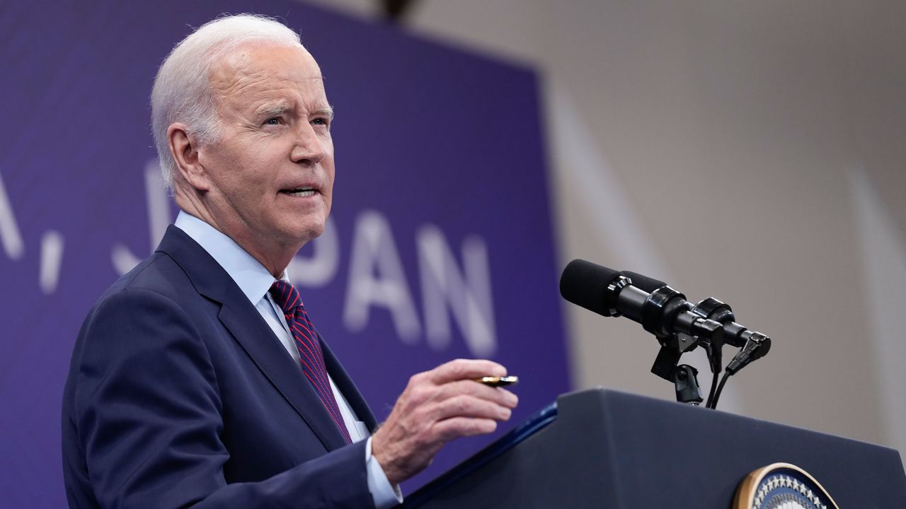 President Joe Biden speaks during a news conference in Hiroshima, Japan, Sunday, following the G7 Summit.