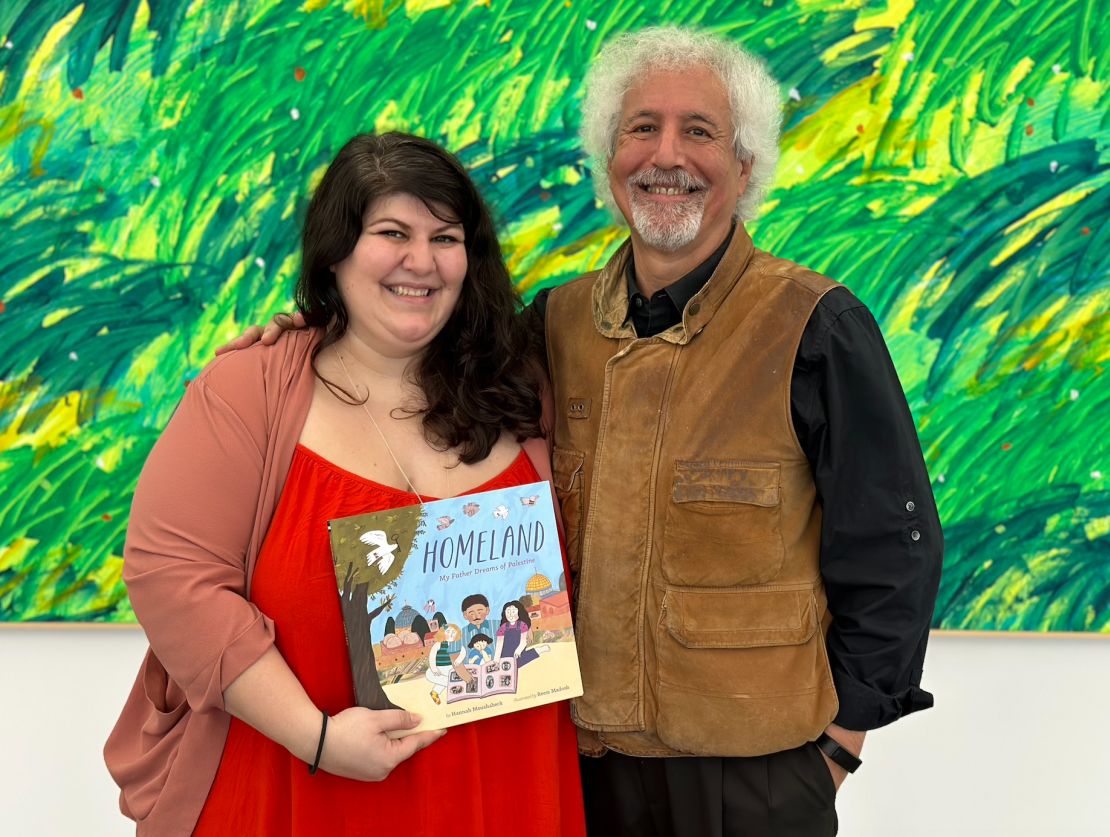 Hannah Moushabeck appears with her father, whose bedtime stories inspired her book, "Homeland: My Father Dreams of Palestine."