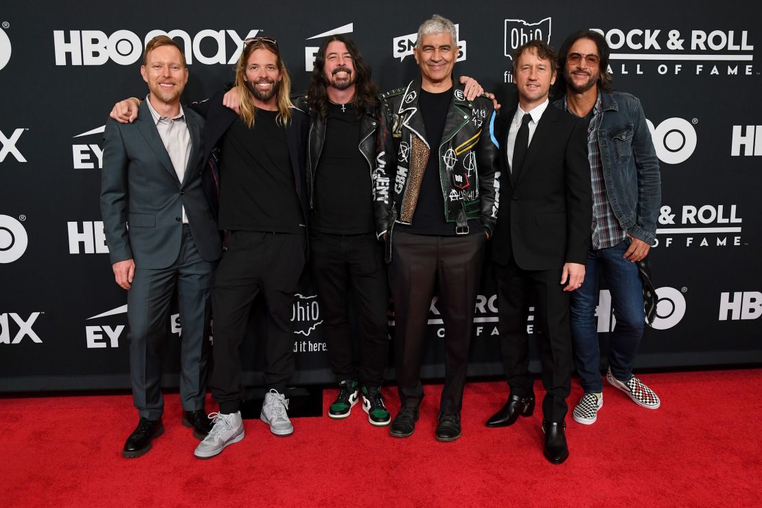 (From left) Nate Mendel, Taylor Hawkins, Dave Grohl, Pat Smear, Chris Shiflett and Rami Jaffee of the Foo Fighters at the Rock & Roll Hall Of Fame Induction Ceremony in Ohio in October 2021. 