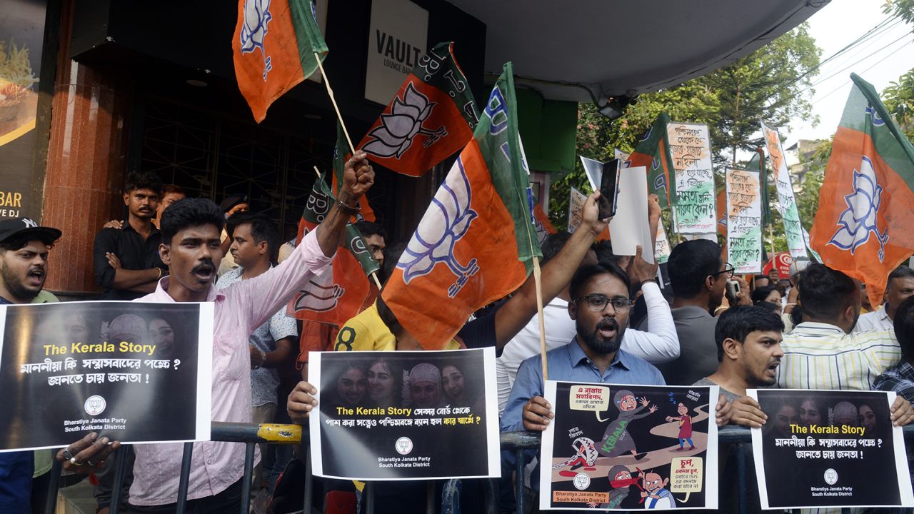 Bharatiya Janata Party activists take part in a demonstration against the West Bengal Government decision to ban 'The Kerala Story' movie, in Kolkata, on May 11, 2023.