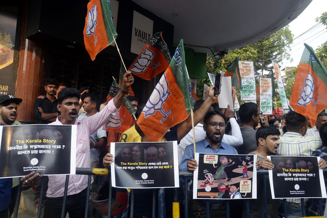 Bharatiya Janata Party activists take part in a demonstration against the West Bengal Government decision to ban 'The Kerala Story' movie, in Kolkata, on May 11, 2023.