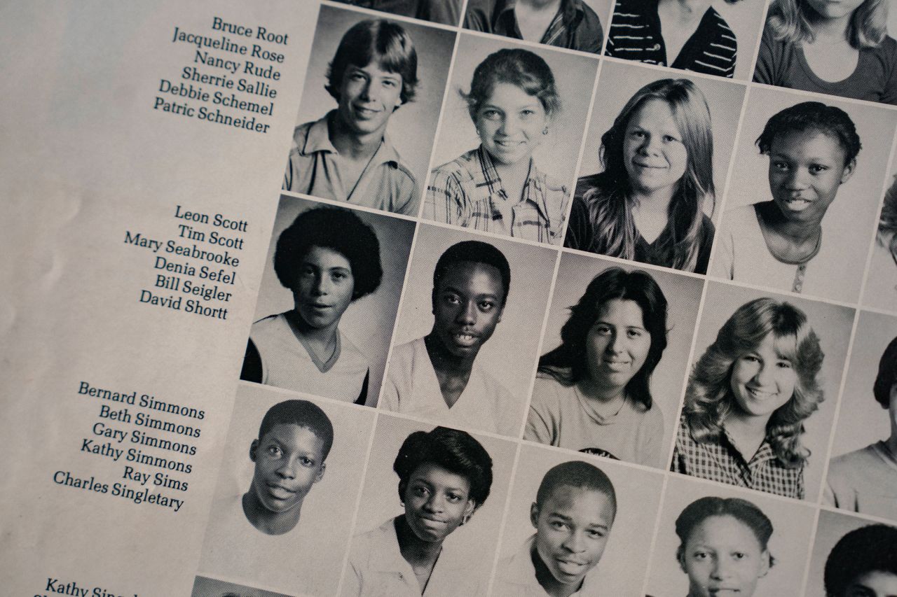 A photo of Scott is seen in a 1981 R. B Stall High School yearbook before an event on May 22, 2023 in North Charleston, South Carolina. Scott graduated in 1983.