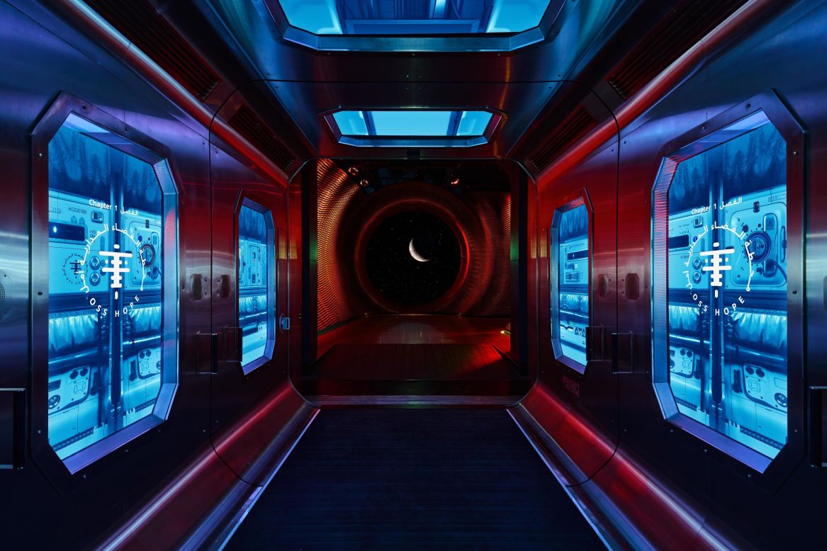 The Museum of the Future opened its doors in February 2022 and features high-tech curiosities from drones to digital DNA codes, and even a robodog. Pictured, part of the exhibit "OSS Hope" imagines what humanity's home could look like aboard a huge space station in 2071.