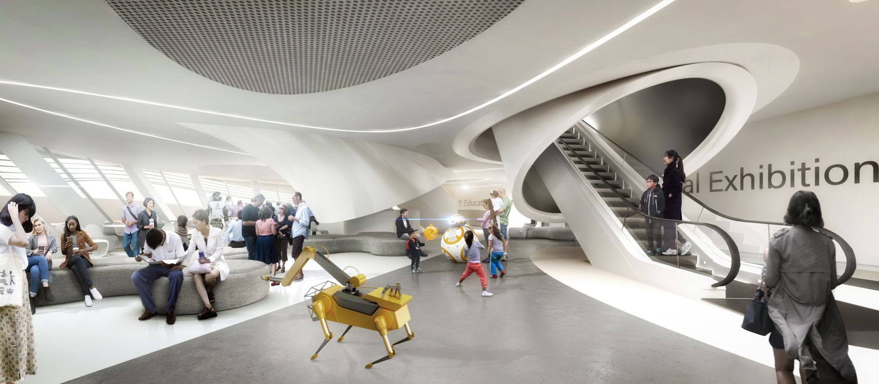 In 2019, Turkish architecture practice Melike Altınışık Architects won an international competition hosted by The Seoul Metropolitan Government to design the Robot & AI Museum. As seen in this rendering of the lobby, the museum is set to become a hub for smart technologies that visitors can interact with. 