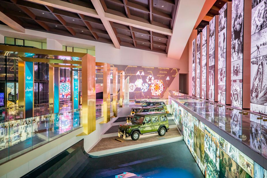 The Oman Across the Ages Museum is split two permanent exhibition wings: The History Gallery and the Renaissance Gallery. In this image, the Renaissance Gallery uses LED displays to represent the country's economic, technological, political and social modernization, beginning in the 1970s.