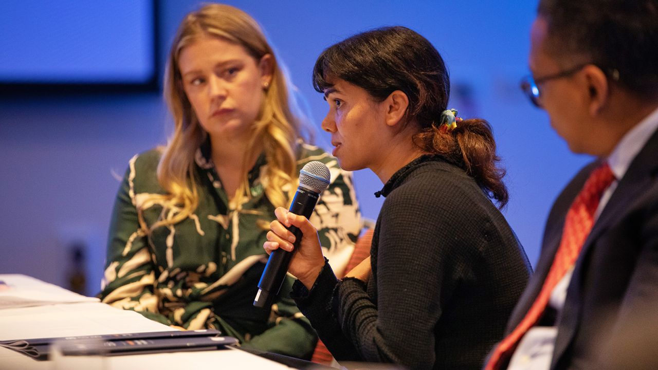Nasreen Sheikh speaks at the Bali Process Government & Business Forum in Adelaide this year, alongside Grace Forrest, co-founder of the Walk Free Foundation.