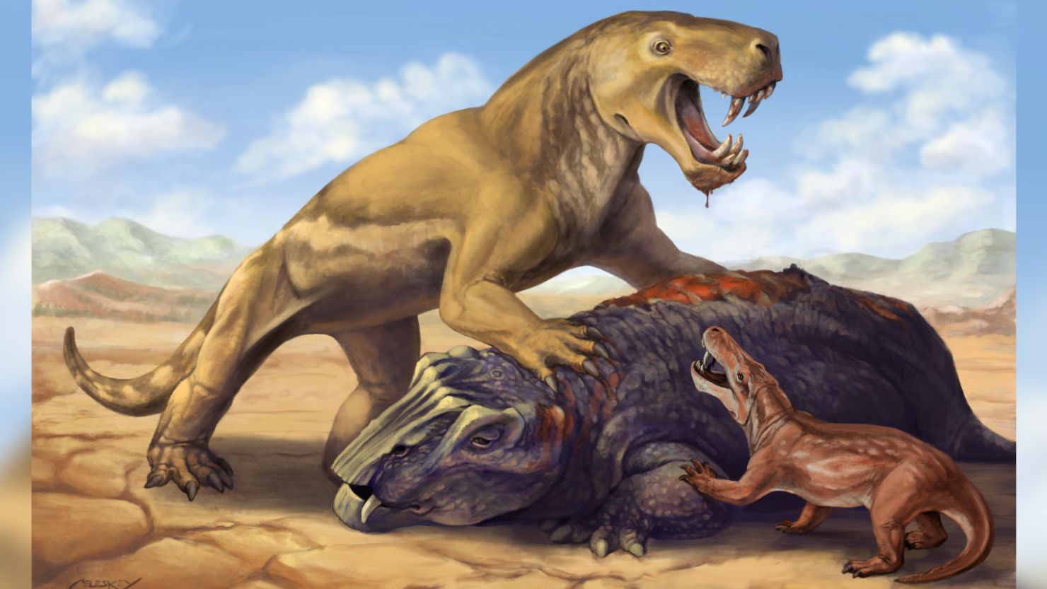 An artist's illustration depicts Inostrancevia with its dicynodont prey while scaring off a much smaller African Inostrancevia species.