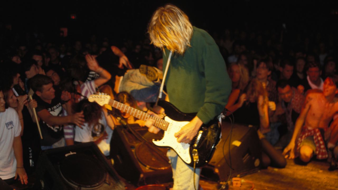 Kurt Cobain performing with Nirvana at The Roxy in Hollywood, California on August 15, 1991