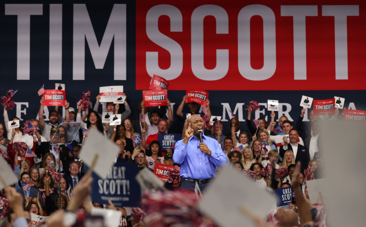 Scott <a href="https://www.cnn.com/2023/05/22/politics/tim-scott-2024-presidential-campaign/index.html" target="_blank">formally announces his presidential run</a> in his hometown of North Charleston, South Carolina, in May 2023. "Our party and our nation are standing at a time for choosing," Scott said. "Victimhood or victory? Grievance or greatness? I choose freedom and hope and opportunity."