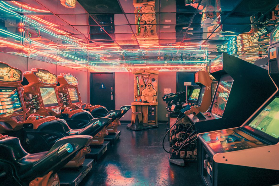 The Family Amusement Corporation arcade in East Hollywood appears bathed in pink light.