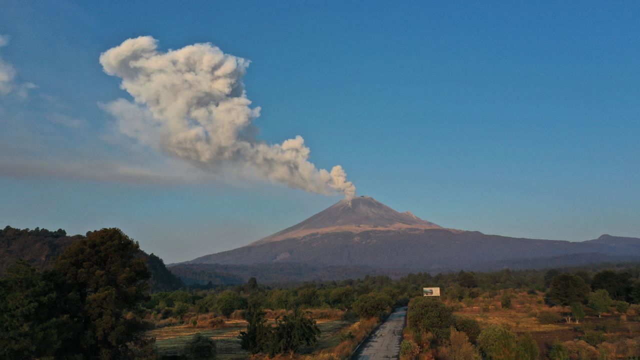 Popocatépetl volcano spews ash and smoke as seen from Puebla, state of Puebla, Mexico, on May 18, 2023. 