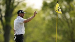 Michael Block celebrates after his hole-in-one on the 15th hole during the final round of the PGA Championship golf tournament at Oak Hill Country Club on Sunday, May 21, 2023, in Pittsford, N.Y. (AP Photo/Abbie Parr)