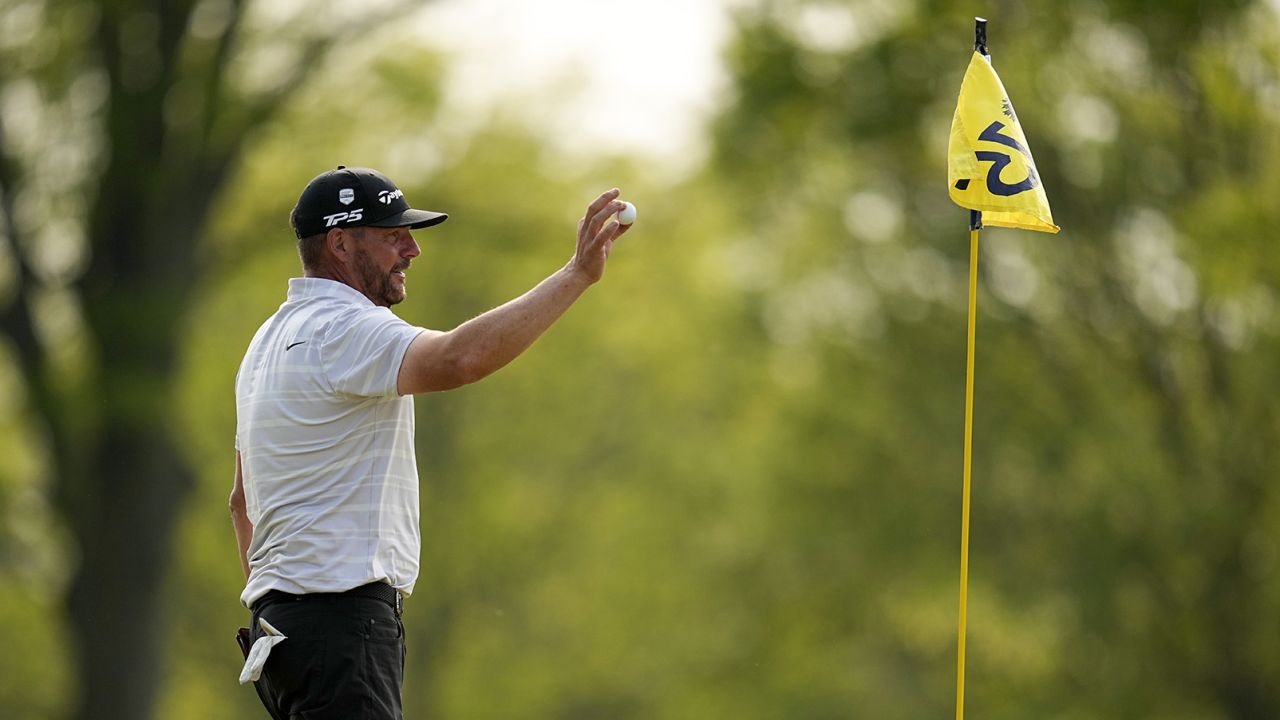 Block celebrates after his hole-in-one on the 15th hole during the final round of the PGA Championship.