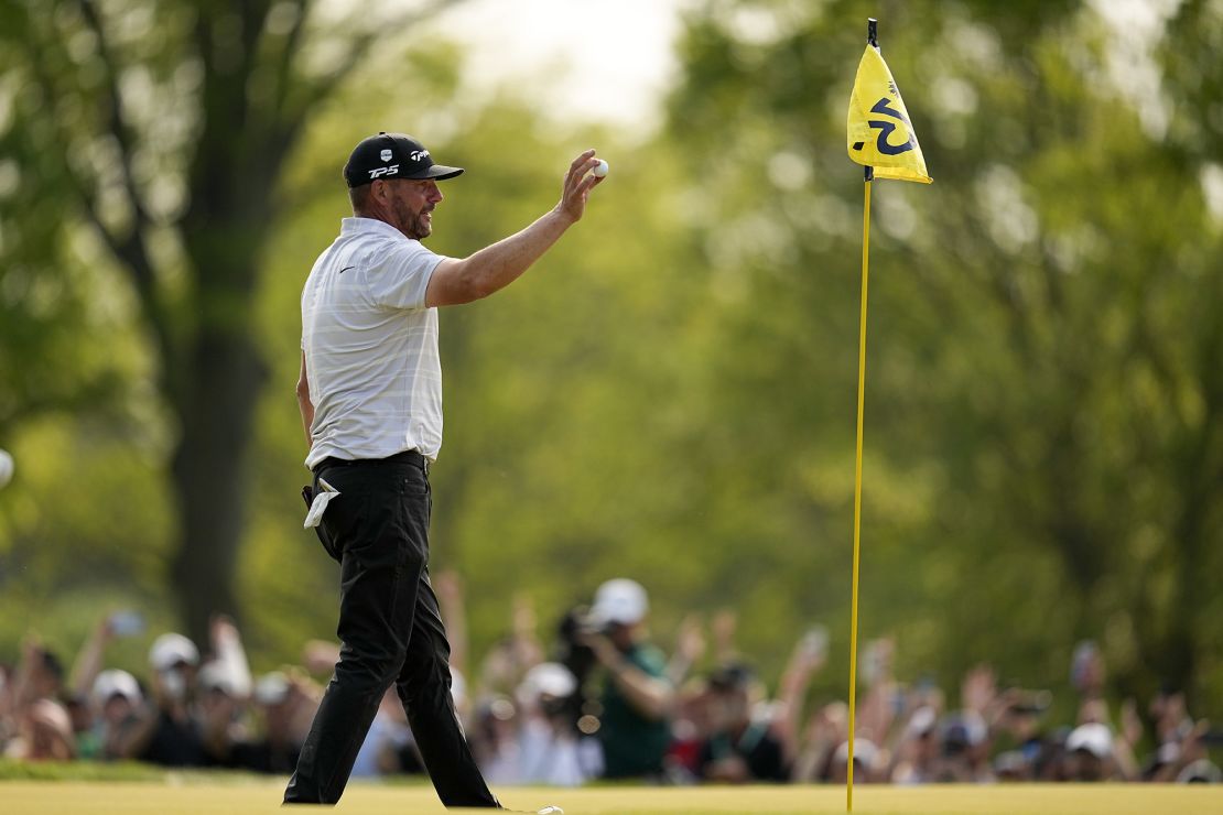 Block celebrates after his hole-in-one on the 15th hole during the final round of the PGA Championship.