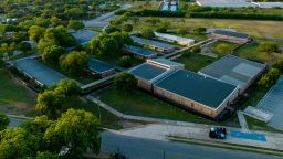 UVALDE, TEXAS - APRIL 27: In an aerial view, Robb Elementary School is seen on April 27, 2023 in Uvalde, Texas. The town of Uvalde prepares to mark the 1-year anniversary of the 19 children and two adults murdered during last year's mass shooting at the school. (Photo by Brandon Bell/Getty Images)