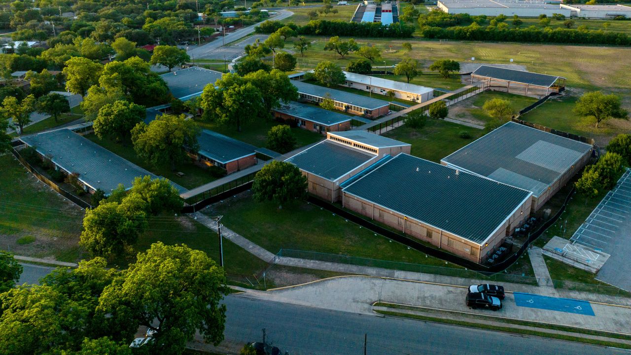 In an aerial view, Robb Elementary School is seen on April 27, 2023 in Uvalde, Texas.