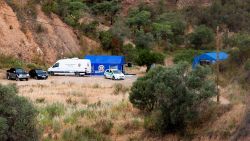 Vehicles and tents of Portugal's investigative Judicial Police are seen at the site of a remote reservoir where a new search for the body of Madeleine McCann is set to take place, in Silves, Portugal, in this screen grab from a video, May 22, 2023. REUTERS/Luis Ferreira