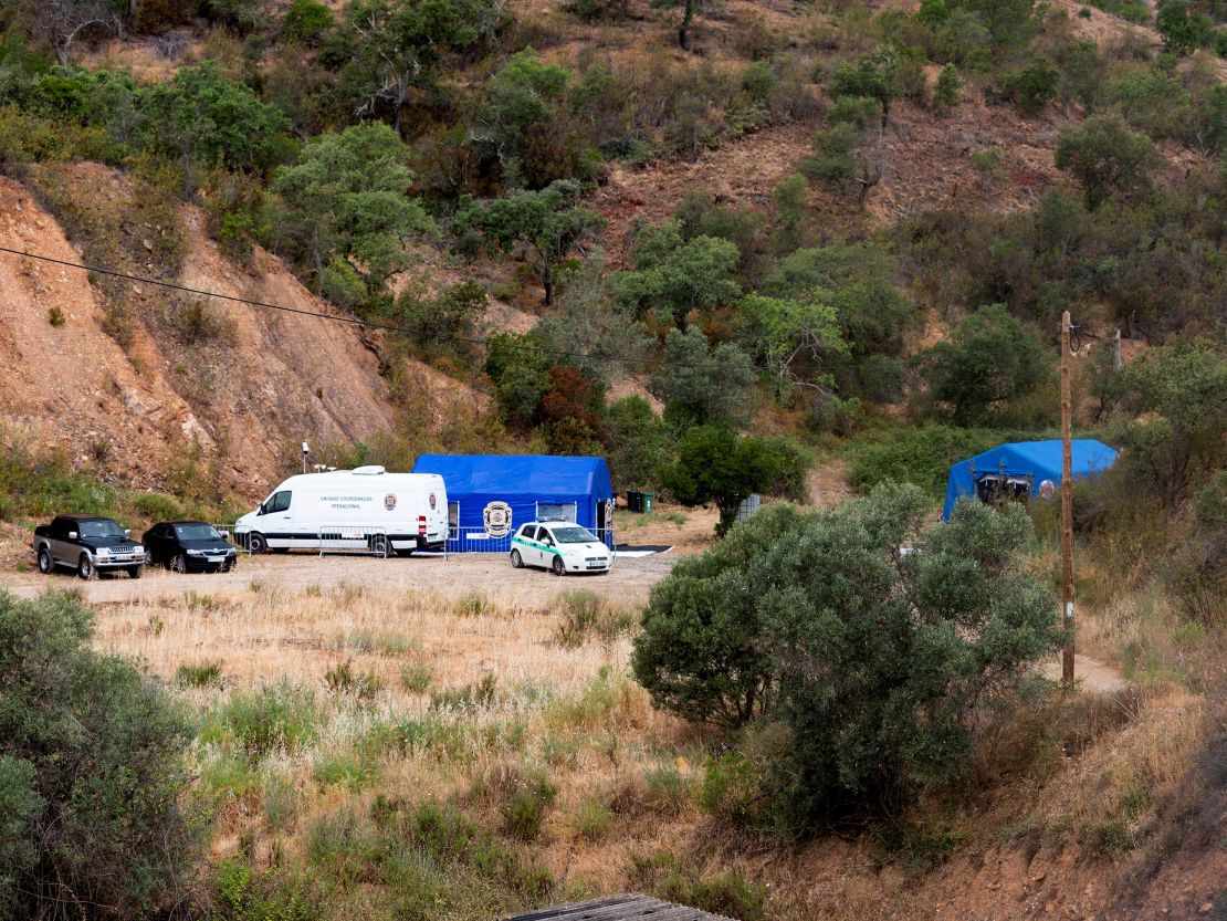 Vehicles and tents of Portugal's investigative Judicial Police seen at the site of a remote reservoir where a new search for the body of Madeleine McCann is set to take place, in Silves, Portugal on May 22, 2023.