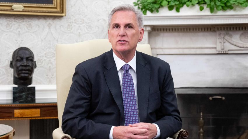 US House Speaker Kevin McCarthy (R-CA) speaks during a meeting on the debt ceiling with US President Joe Biden, not pictured, in the Oval Office of the White House in Washington, DC, on May 22, 2023. President Joe Biden and House Speaker Kevin McCarthy are expected to meet Monday for more talks on defusing the US debt ceiling standoff, both sides said on May 21, 2023. (Photo by SAUL LOEB / AFP) (Photo by SAUL LOEB/AFP via Getty Images)