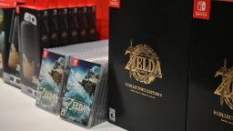 Copies of "The Legend of Zelda: Tears of the Kingdom" video game are displayed during a launch event for the game at a Nintendo store in New York on May 12, 2023.