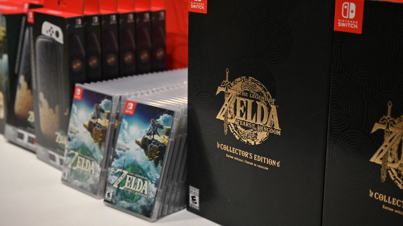 Copies of 'The Legend of Zelda: Tears of the Kingdom' video game are displayed during a launch event in New York in May.