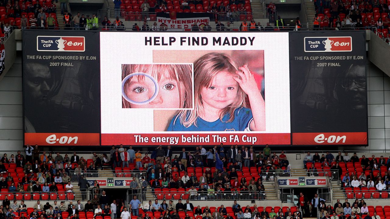 An image of missing youngster shown on a big screen at Wembley Stadium. 
