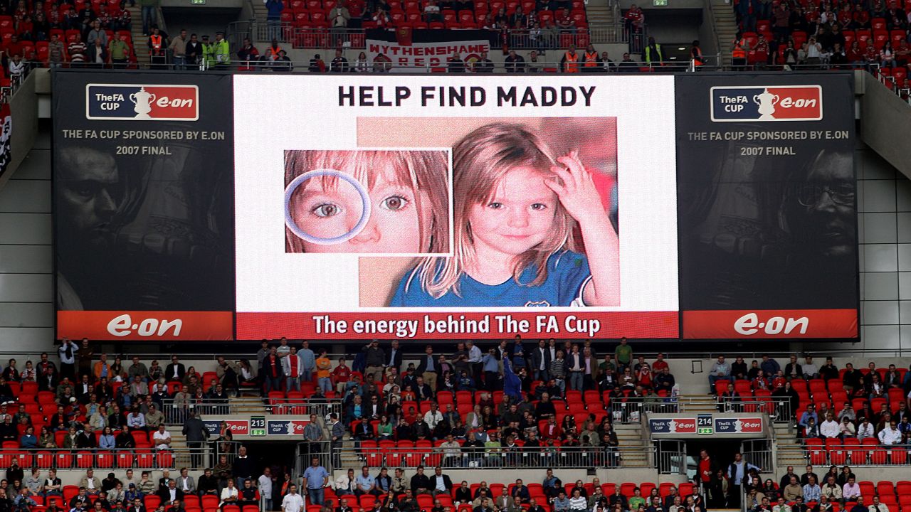 An image of missing youngster shown on a big screen at Wembley Stadium.