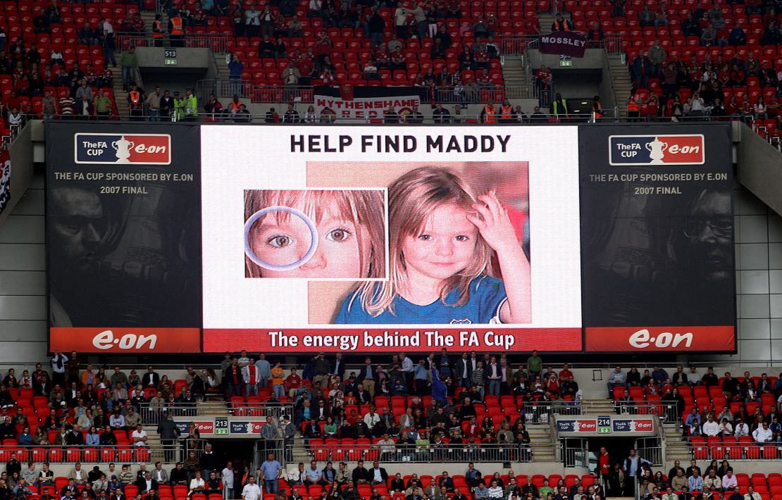 An image of missing youngster is shown on a big screen at Wembley Stadium in London. 