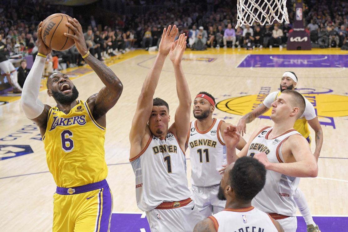 LA Lakers forward LeBron James shoots against the Denver Nuggets on May 22, 2023.