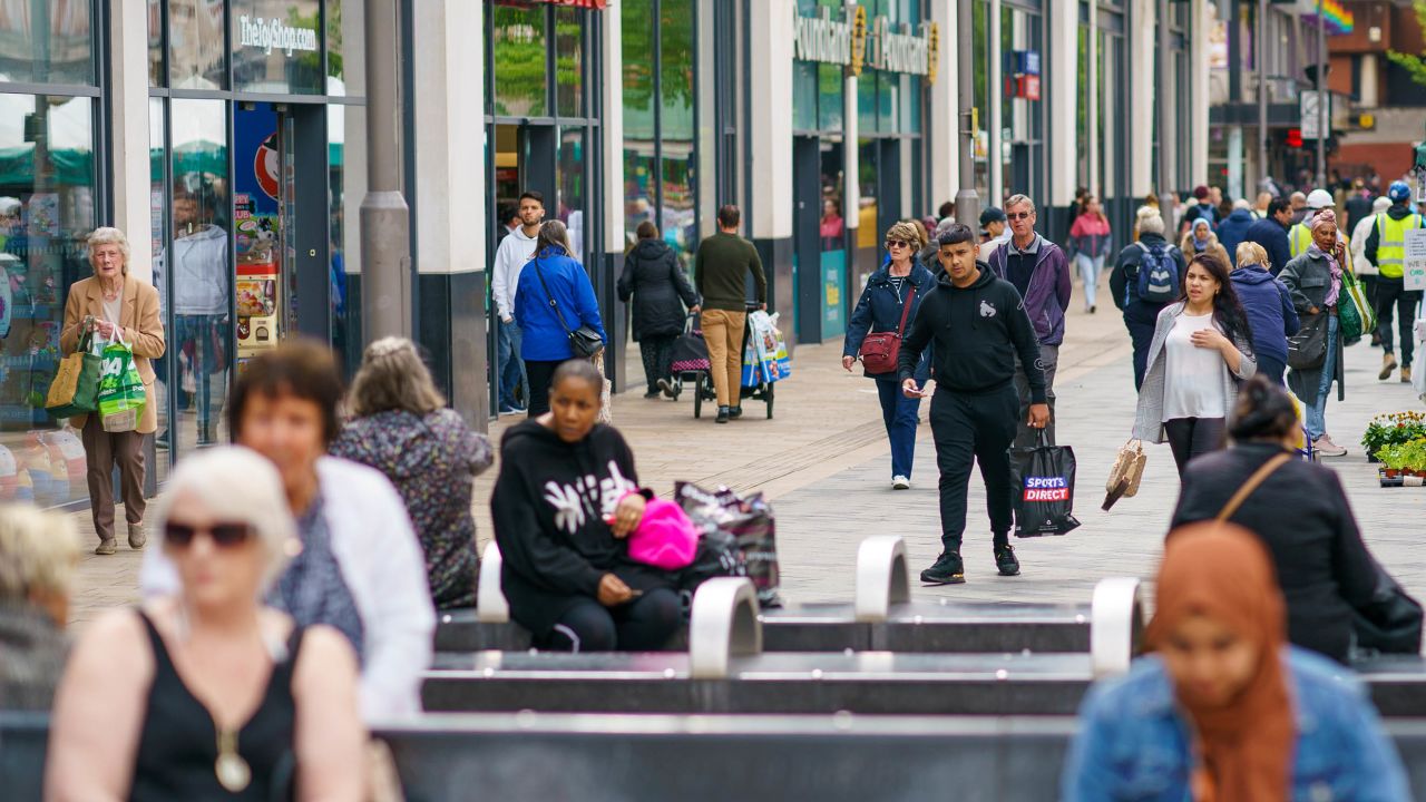 Shoppers in the city center of Sheffield, UK, on May 19, 2023