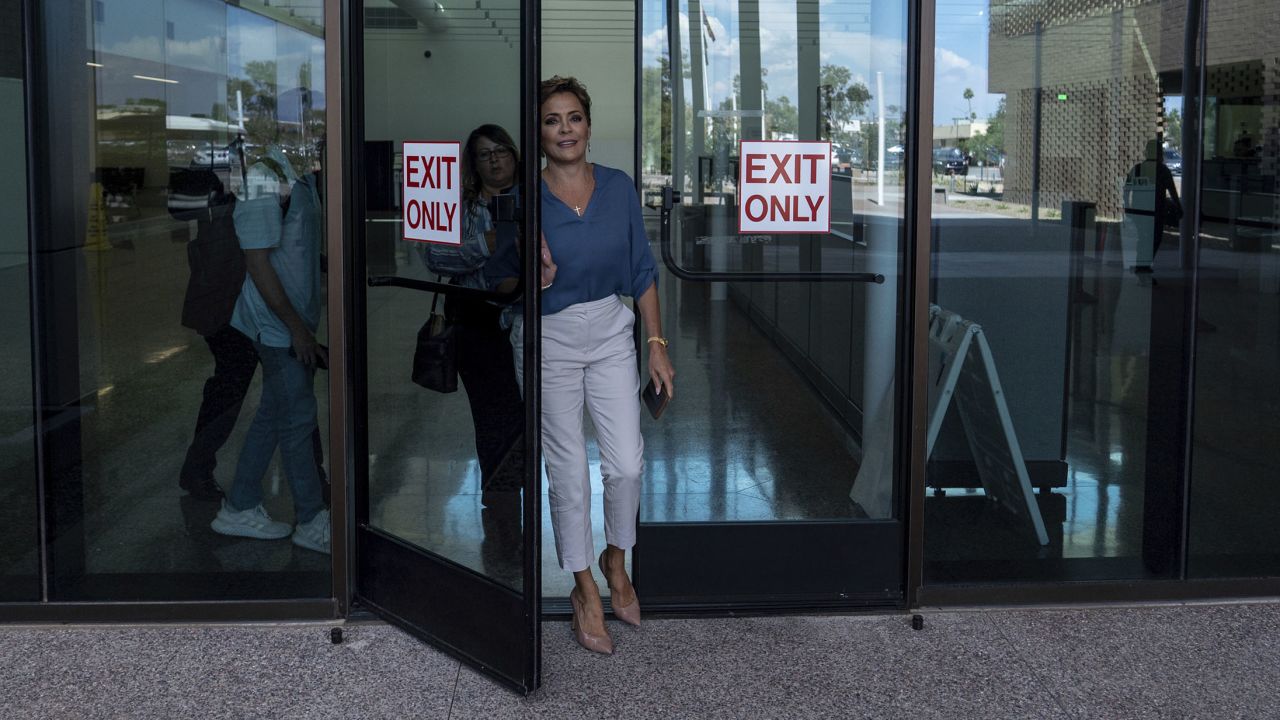 Lake exits Maricopa County Superior Court in Mesa, Arizona, on May 19, 2023, after closing arguments by attorneys at her election challenge trial.