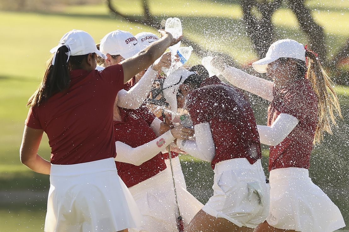 Zhang with her Stanford teammates after her win.