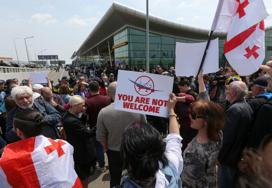 Crowds gathered outside Tbilisi Airport to protest the resumption of direct flights from Moscow, on May 19.