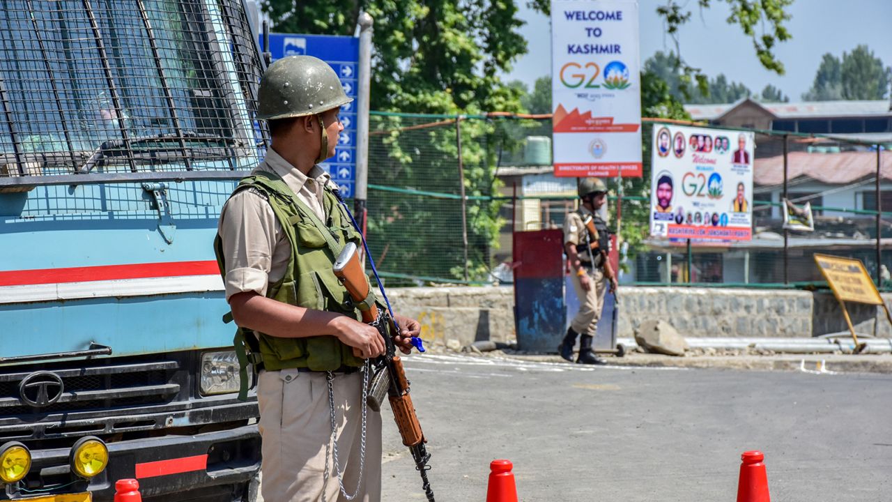 A paramilitary trooper stands alert during a G20 tourism meeting in Srinagar. 
