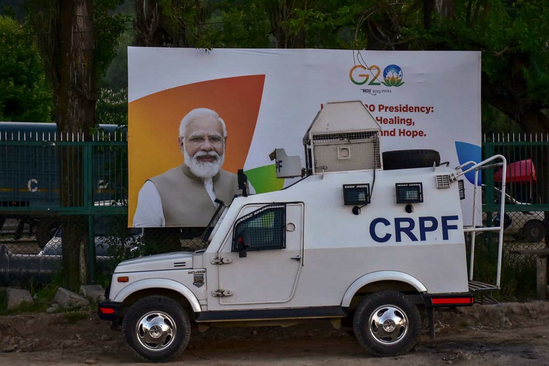 An armored vehicle is seen in front of the G20 summit hoarding ahead of the G20 summit meeting in Srinagar. 
