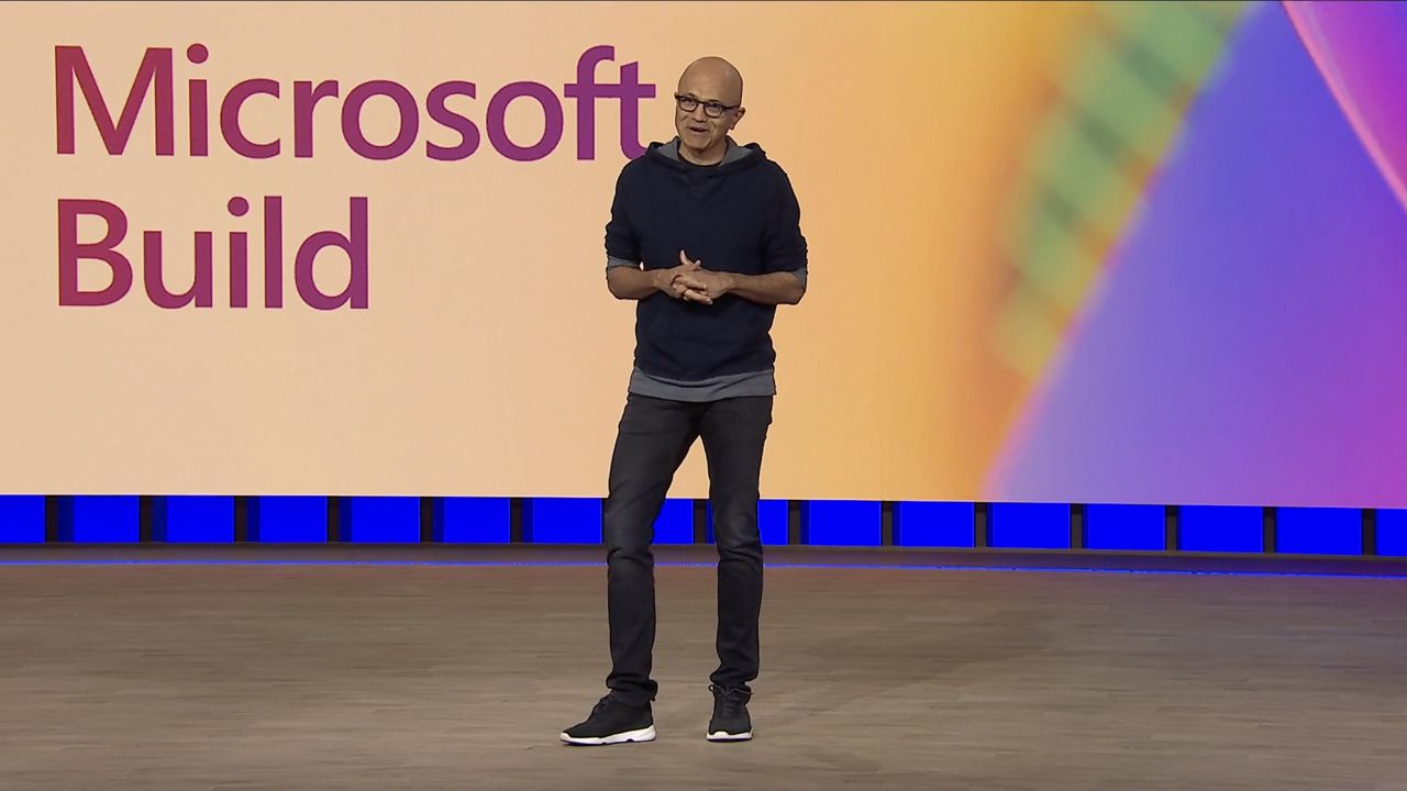 Microsoft CEO Satya Nadella talks to the audience during Microsoft Build event in Seattle on May 23