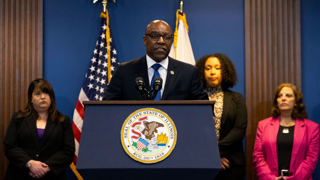 Illinois Attorney General Kwame Raoul speaks on the findings of his office's investigation into Catholic clergy child sex abuse in Chicago on May 23, 2023.