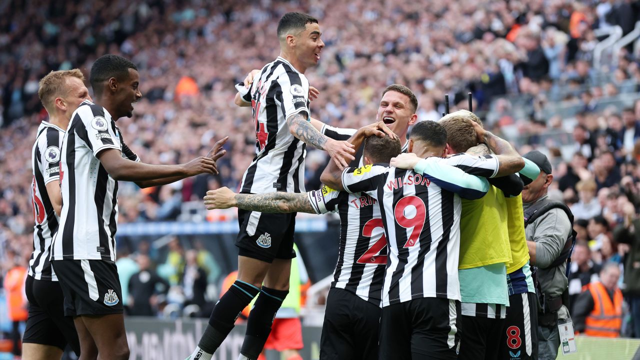 Newcastle players celebrate during their win against Brighton last week. 
