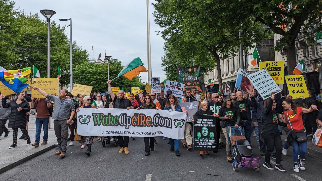 People attend an "anti-globalist" march in Dublin on Saturday, May 20.