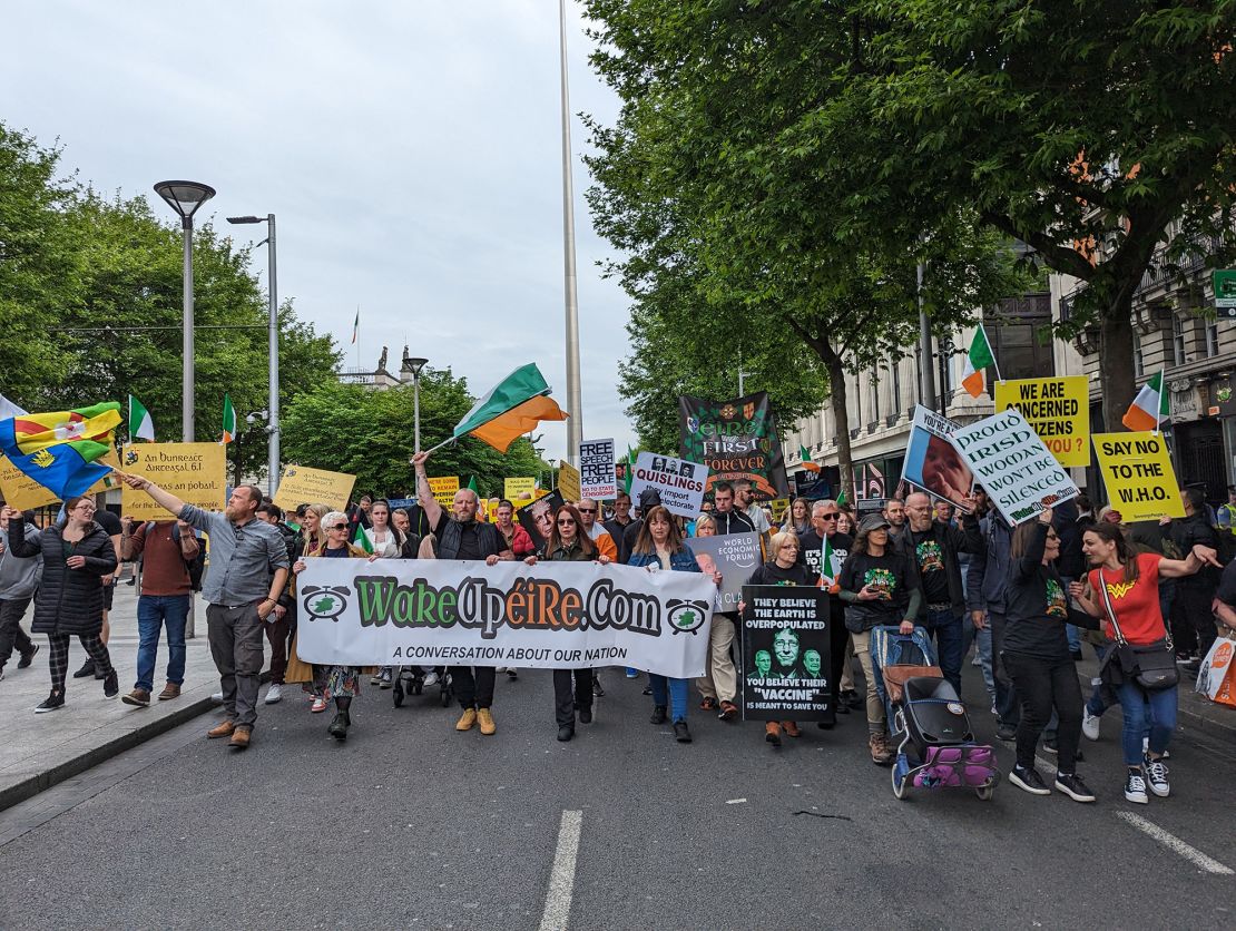 People attend an "anti-globalist" march in Dublin on Saturday, May 20.