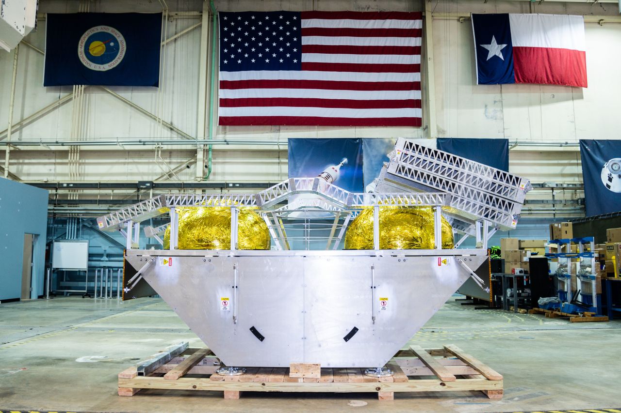 VIPER will be delivered to the lunar surface by the Griffin lander. Pictured here is a full-scale model of the lander used for testing VIPER.
