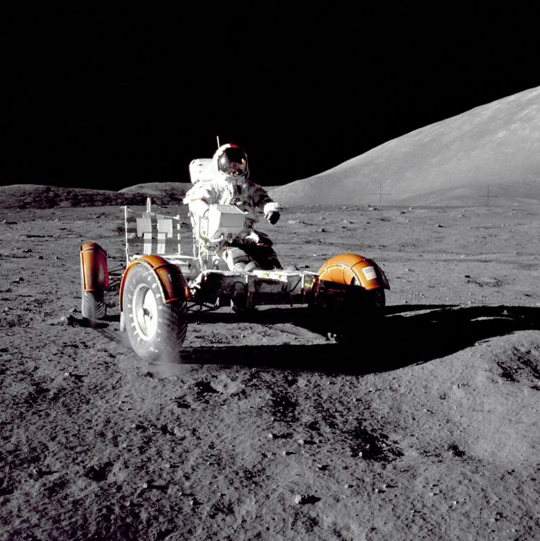 Rovers have long been a crucial part of lunar exploration. Pictured, in December 1972, for the Apollo 17 mission, commander Eugene A. Cernan operated the Lunar Roving Vehicle at the Taurus-Littrow landing site. This was the last time humans set foot on the moon.