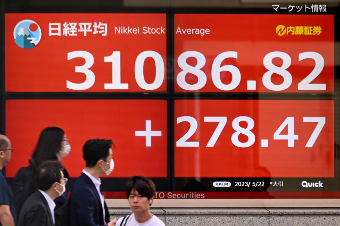 An electronic board showing the closing numbers on the Tokyo Stock Exchange